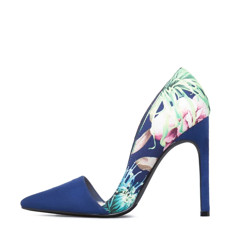 Blue Floral Heels Pointed Toe Stiletto Heels Pumps |FSJ Shoes