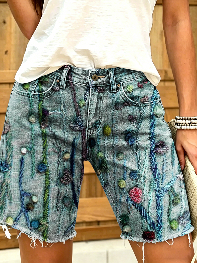 Women's Retro Art Print Casual Washed Cotton Denim Shorts