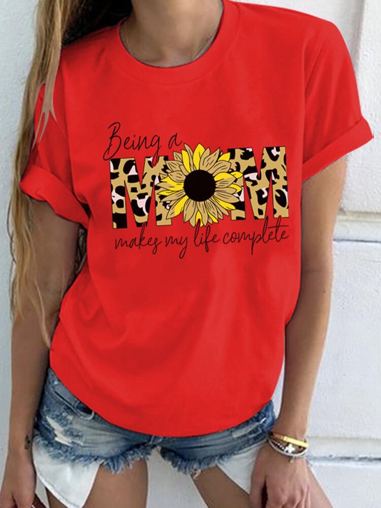 Flower Leopard Letter Print Short Sleeve T shirt For Women P1668973