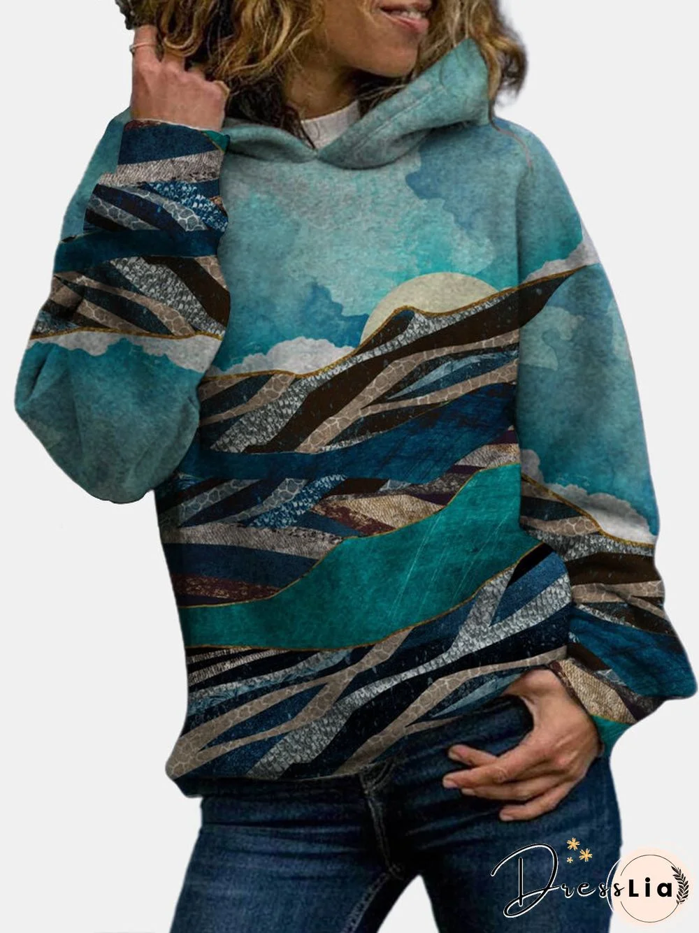 Landscape Printed Long Sleeve Casual Hoodie for Women