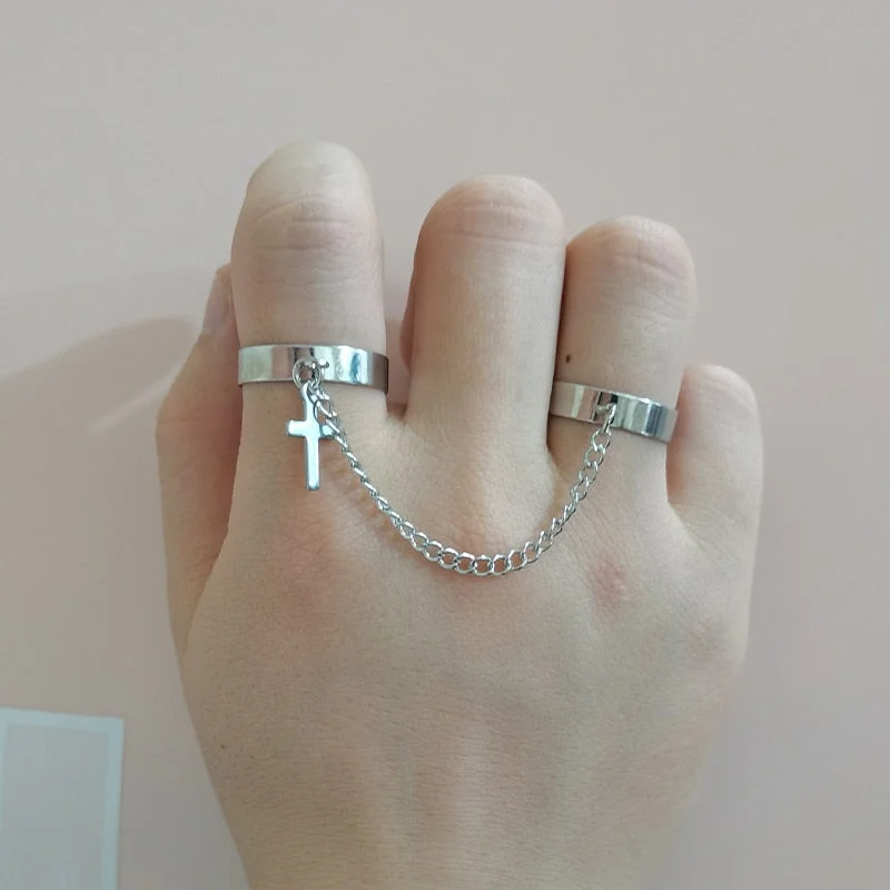 2021 Retro Punk Hip Hop Cross Ring Finger Chain Adjustable Two Link Ring Jewelry Gift Men's Women's Gothic Jewelry Rings