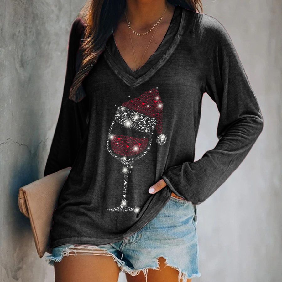 Sparkle Christmas Hat And Red Wine Glass Printed T-shirt