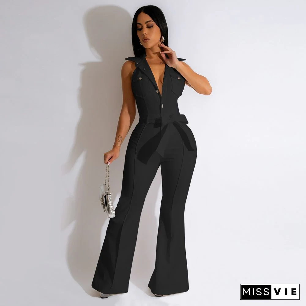 Turn Down Collar Backless with Sashes Flare Jumpsuit