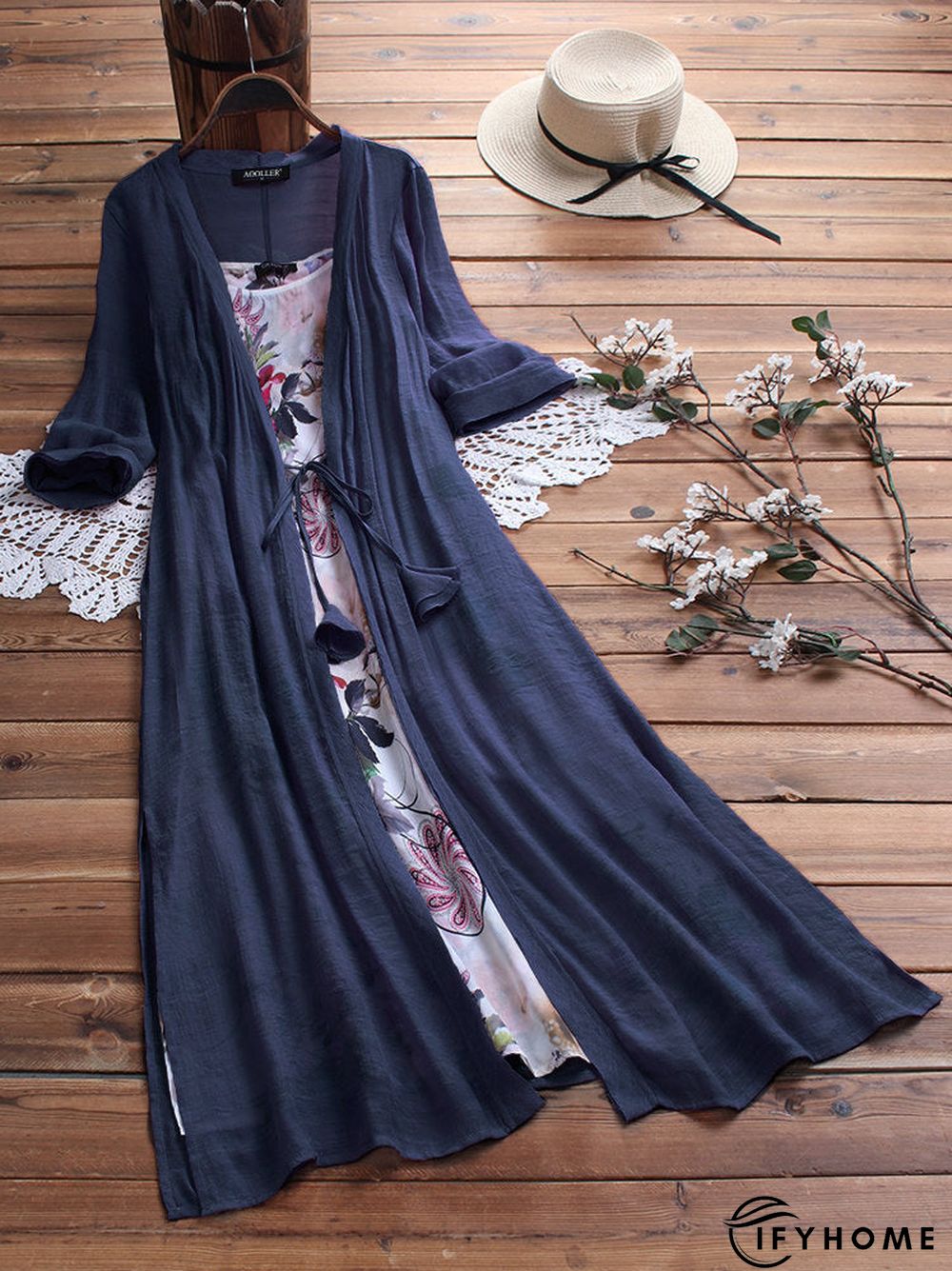 Women Vintage Boho O-Neck Floral Print Lace Two-Piece 3/4 Sleeve Dress | IFYHOME