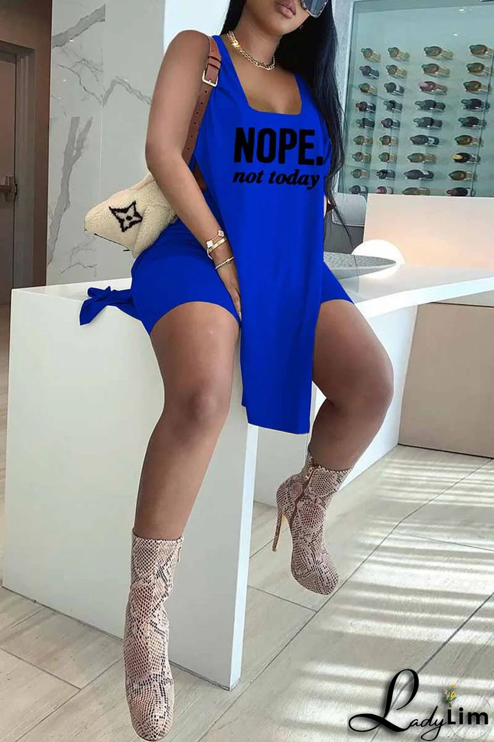 Red Fashion Casual Letter Print Slit U Neck Sleeveless Two Pieces