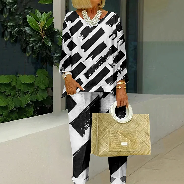 Geometric Square Print Long Sleeve Two Piece Set
