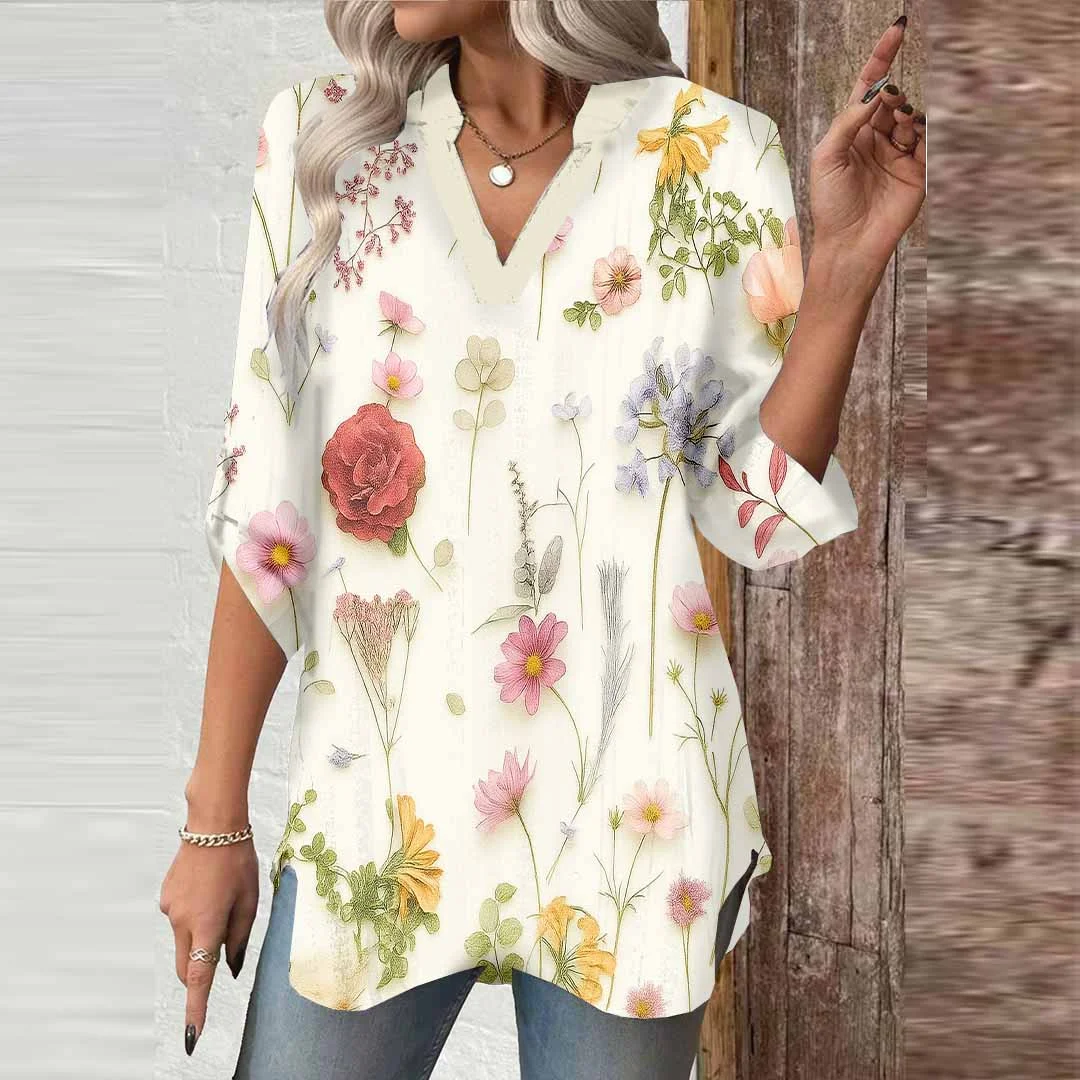 Women Floral,Red,Green DZGA0633 3/4 Sleeve V-neck Printed Graphic Button Tops