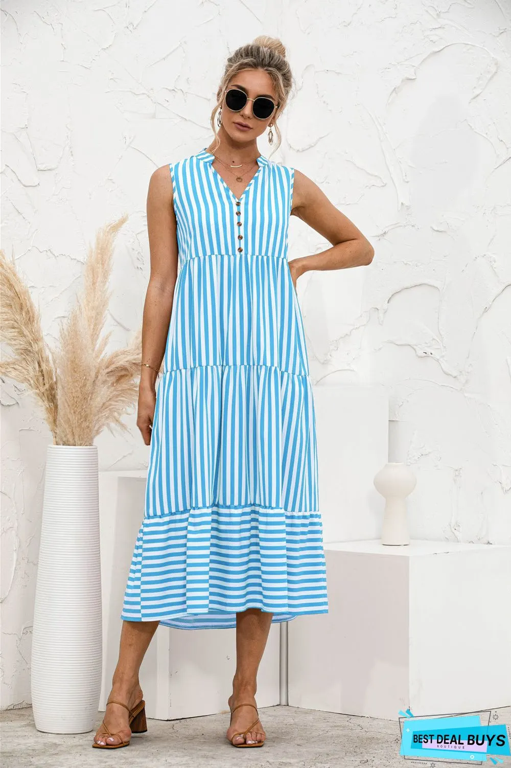 V-Neck Striped Button Stitching Dress