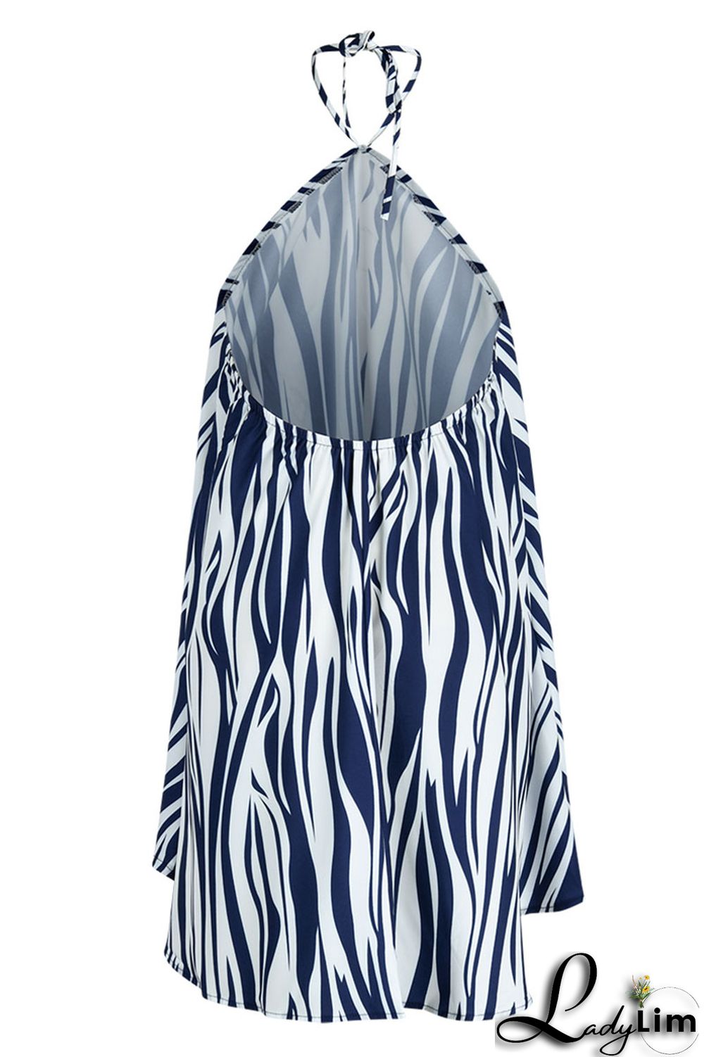 Blue Fashion Casual Print Bandage Backless Halter Sleeveless Dress Dresses