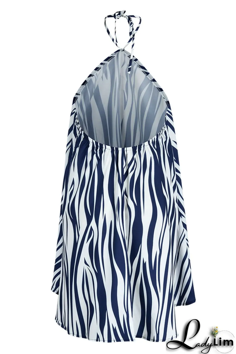 Blue Fashion Casual Print Bandage Backless Halter Sleeveless Dress Dresses