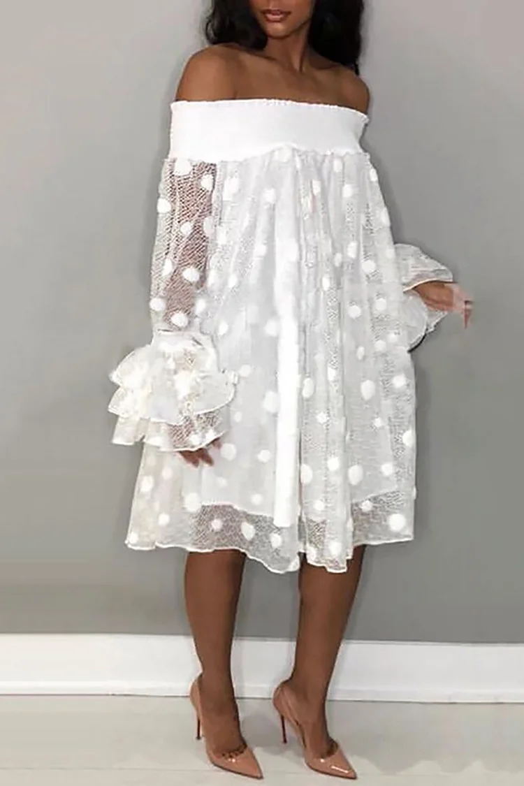 Plus Size Formal Midi Dresses Elegant White Fall Winter Off The Shoulder Petal Sleeve Long Sleeve See-Through Organza Midi Dresses [Pre-Order]