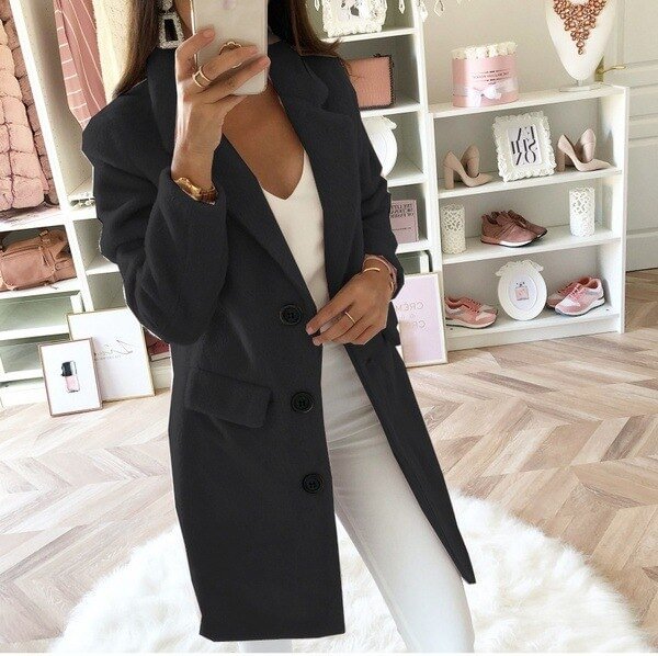 Women's autumn and winter solid color suit collar mid-length double-breasted woolen coat