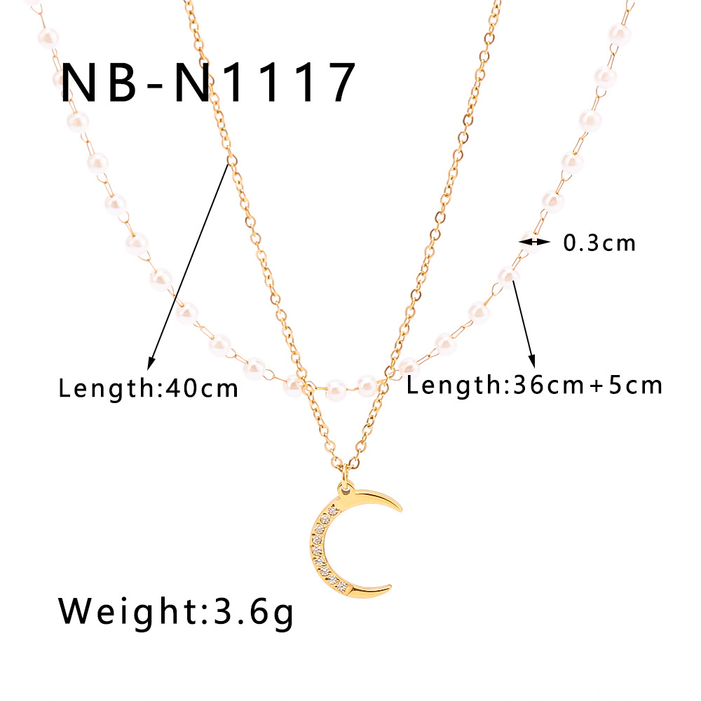 Mature Women Multi-layer Crescent-shaped Pearl Zircon-inlaid Pendant Necklace