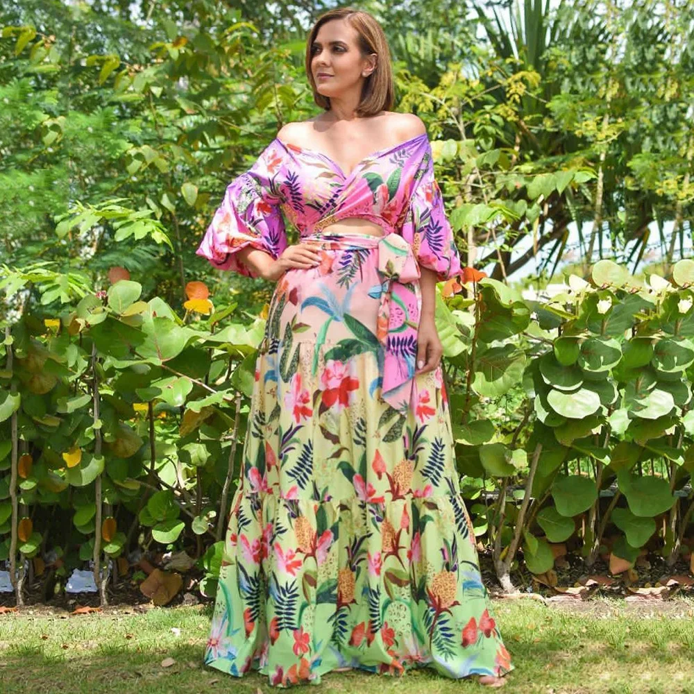 Parigaminghub graduation dresses for womens 2025 New European American Women's Printed Loose Fit Off-the-shoulder V-neck Sexy Slimming Long Dress Dressgown Dresses