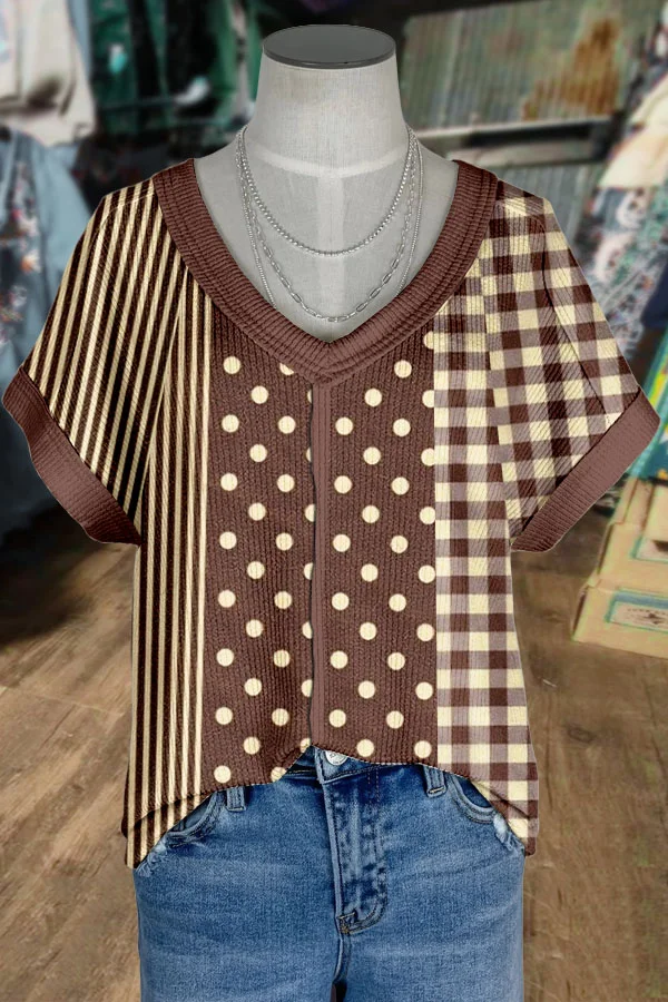 Mixed Geo Print V-Neck T-Shirt
