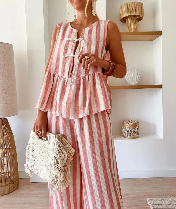 Tie Striped Vest Top Casual Pants Set