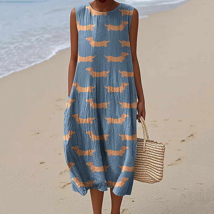Women's Cute Dachshund Color Block Art Print Sleeveless Dress
