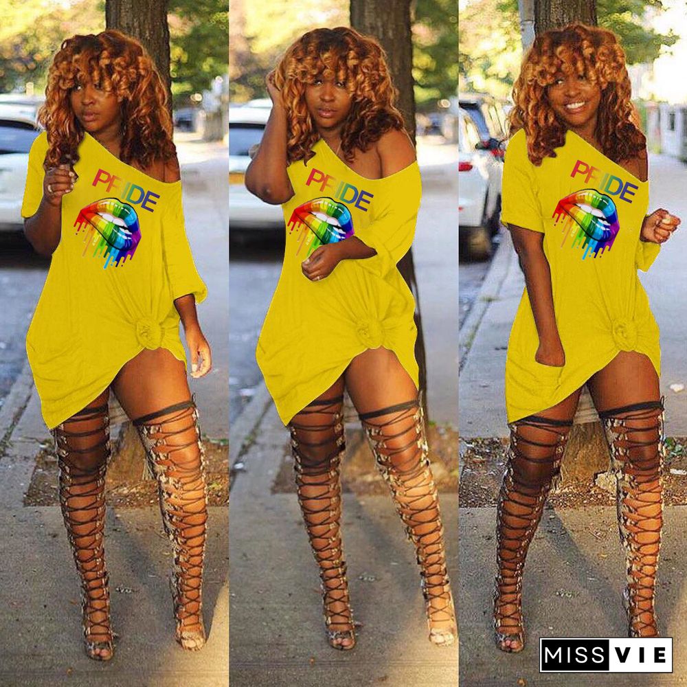 Lips Printed Sloping Shoulder Pocket Mini Leisure Dress