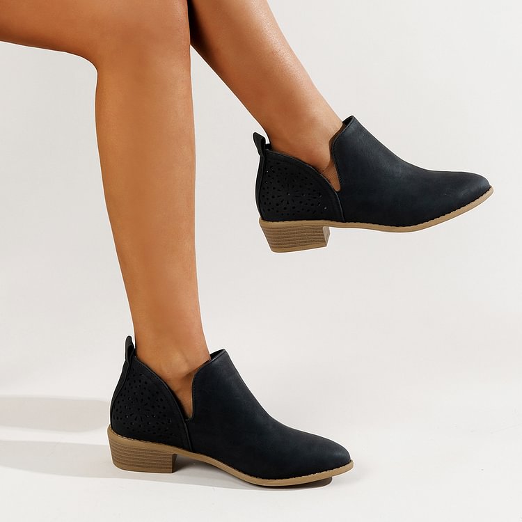 Cutout British Style Pointed Toe Low Heel Platform Boots  V Cut Ankle Boots
