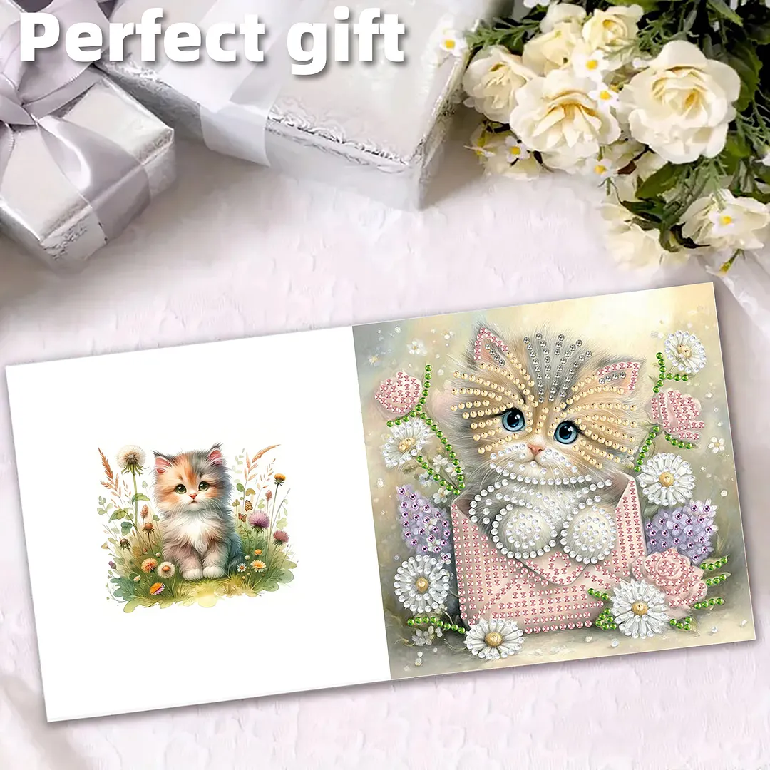 6pcs Cat And Flower Pattern DIY Diamond Painting Greeting Card Set with Envelope Diamond Painting Daily Wishing Cards for Birthdays Thanksgiving & Special Occasion