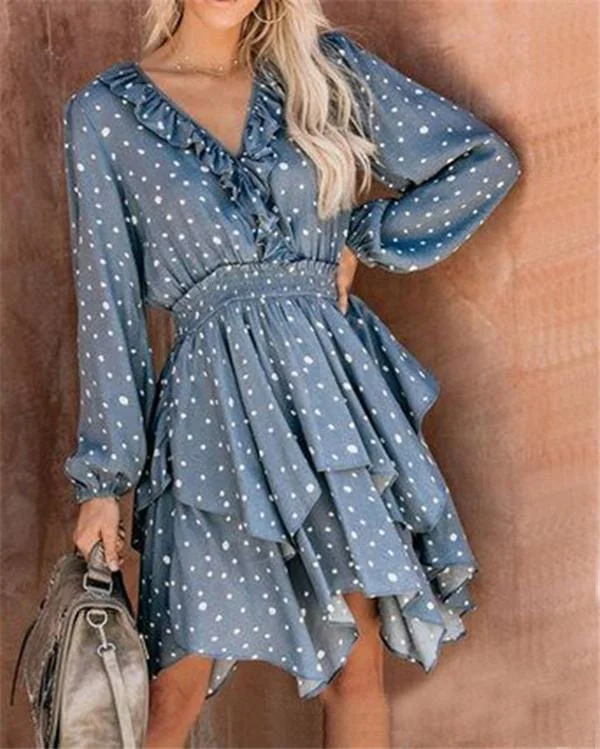 V Neck Polka Dots Women Summer Vacation Casual Dress
