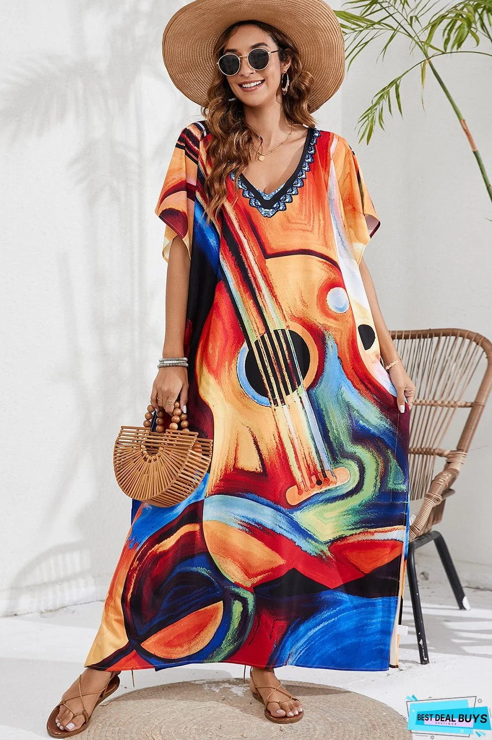 Slit Printed V-Neck Short Sleeve Cover Up