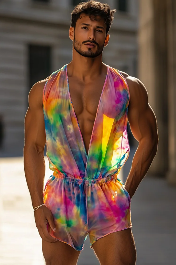 Ciciful Men's Ombre Tie Dye Mesh See Through V Neck Pride Festival Romper