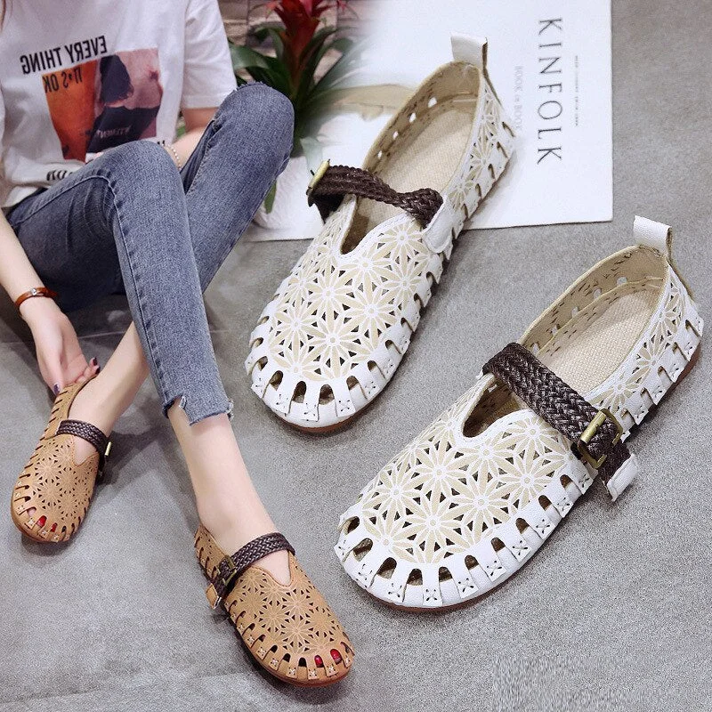 Moccasins Chic Women Sandals Women Casual Shoes Female Summer Mesh New Print Soft Flats Women Retro Hollow Breathable Beach Shoe