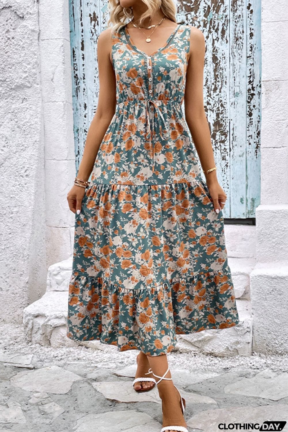 Floral V-Neck Tiered Sleeveless Dress