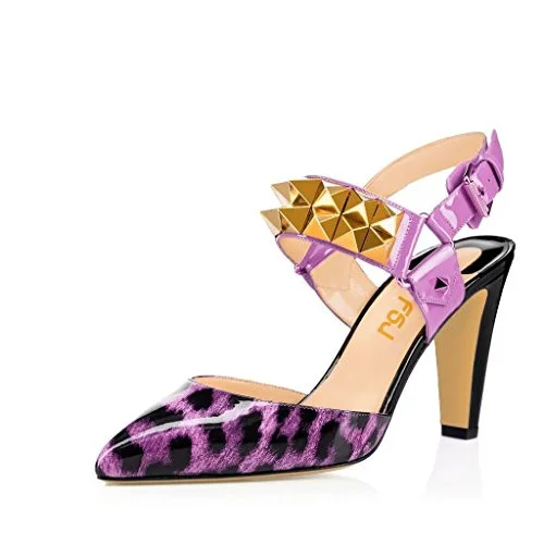 Purple Leopard Print Heels Block Heels Slingback Sandals |FSJ Shoes