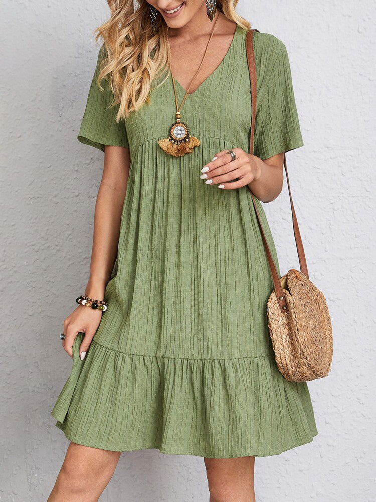 Women's Short Sleeve V-neck Solid Color Midi Dress