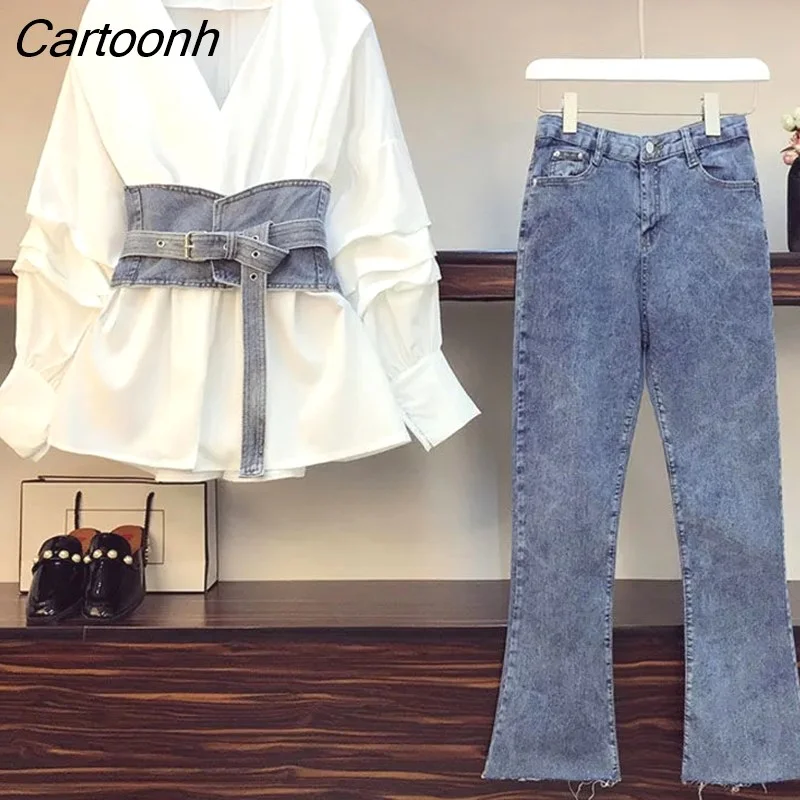 Cartoonh Size Women's Suit Spring and Autumn 2022 New Fashion Slim Korean Shirt Casual Jeans Two-piece Pullover Suit