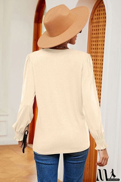 MidiSono - Lace Detail V-Neck Lantern Sleeve T-Shirt