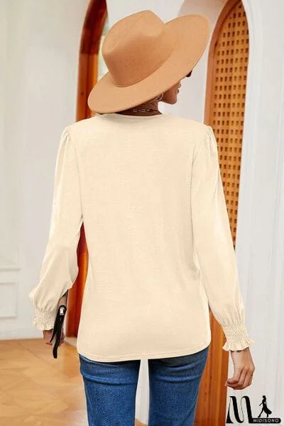 MidiSono - Lace Detail V-Neck Lantern Sleeve T-Shirt