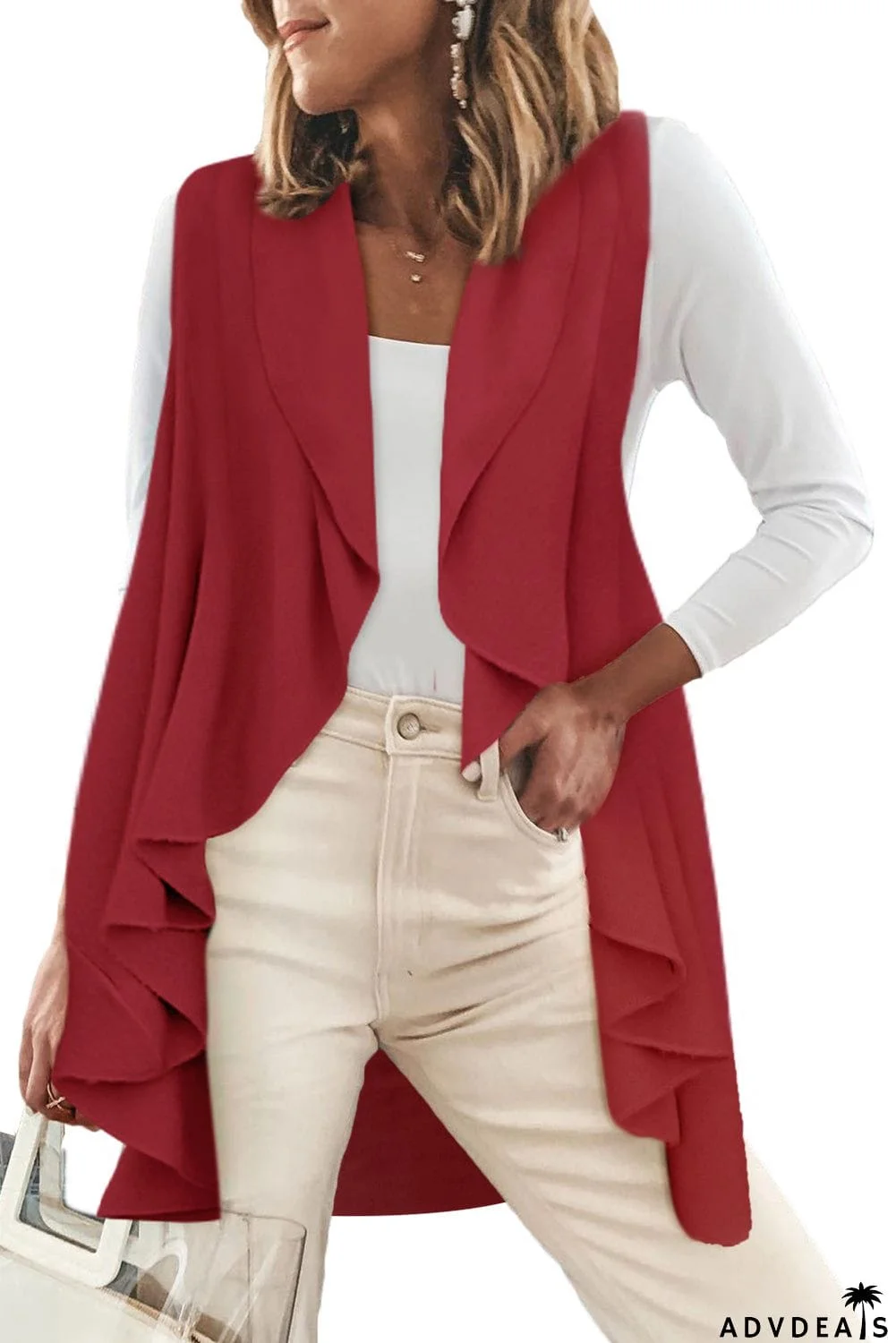 Sleeveless Cascade Open Front Draped Cardigan