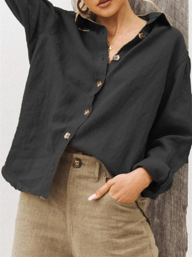 Fashion lapel long-sleeved cotton and linen shirt for women