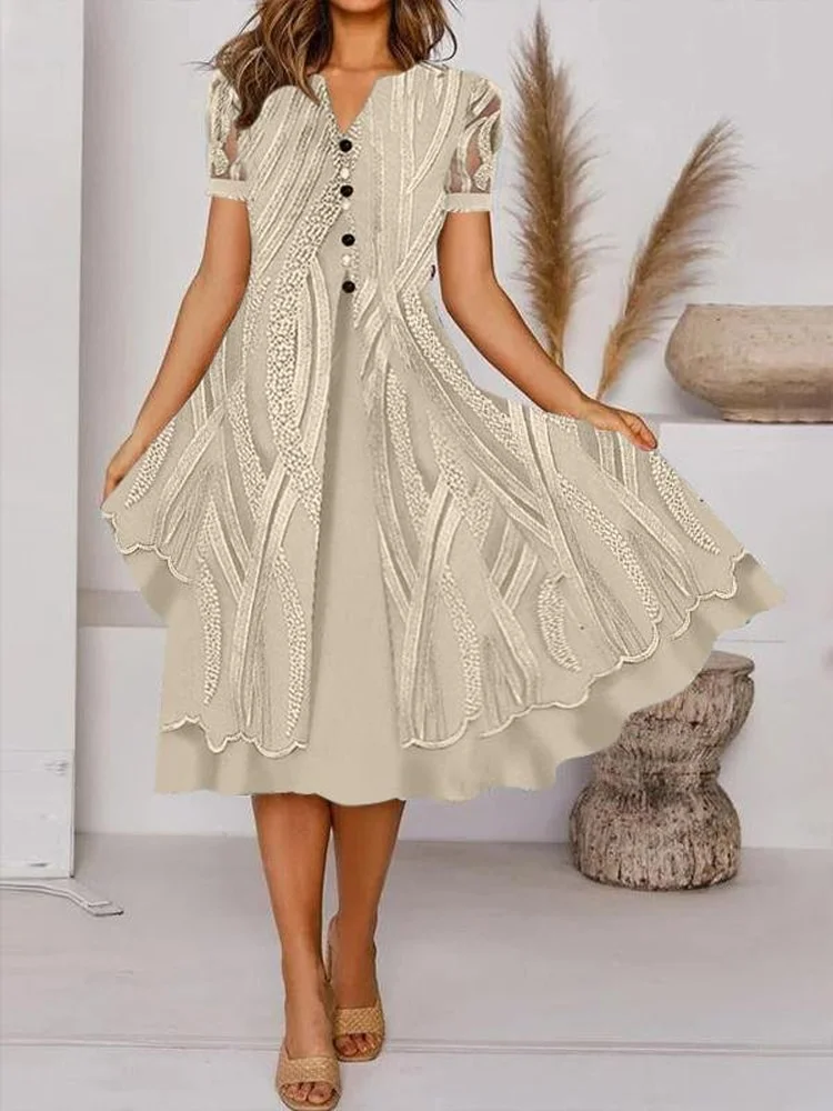 Billionm Women Print Party Dress Fashion Button Lace Office Dress Female 2025 New Spring Summer V Neck Pocket Short Sleeve Dress 413-0