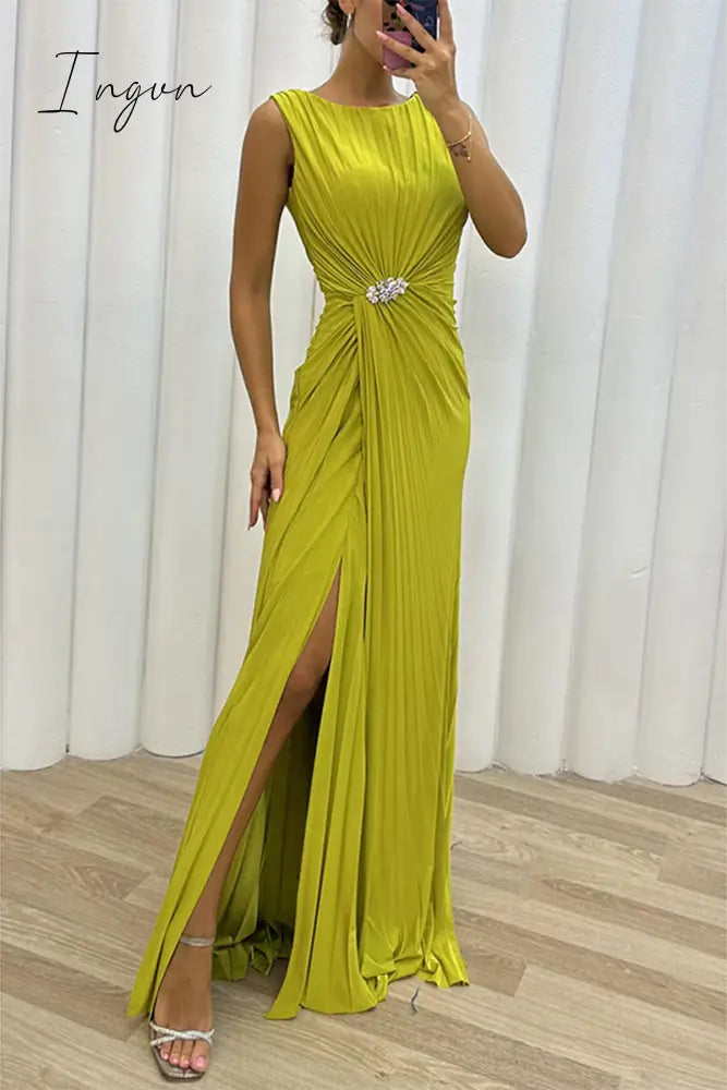 Ingvn - Elegant Formal Solid Slit Fold O Neck Evening Dress Dresses Green Yellow / S Dresses/Party