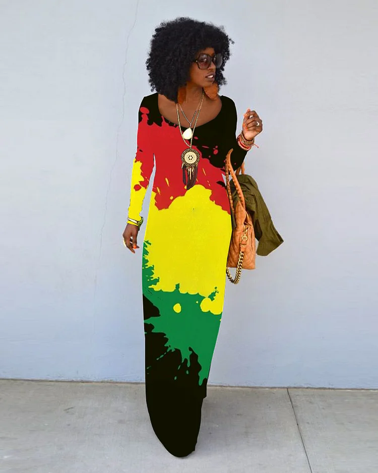 Black History Month Colorful Simple Print Crew Neck Long Sleeve Dress