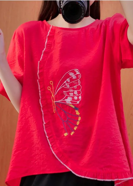 Natural Red Clothes Embroidery Summer Blouse