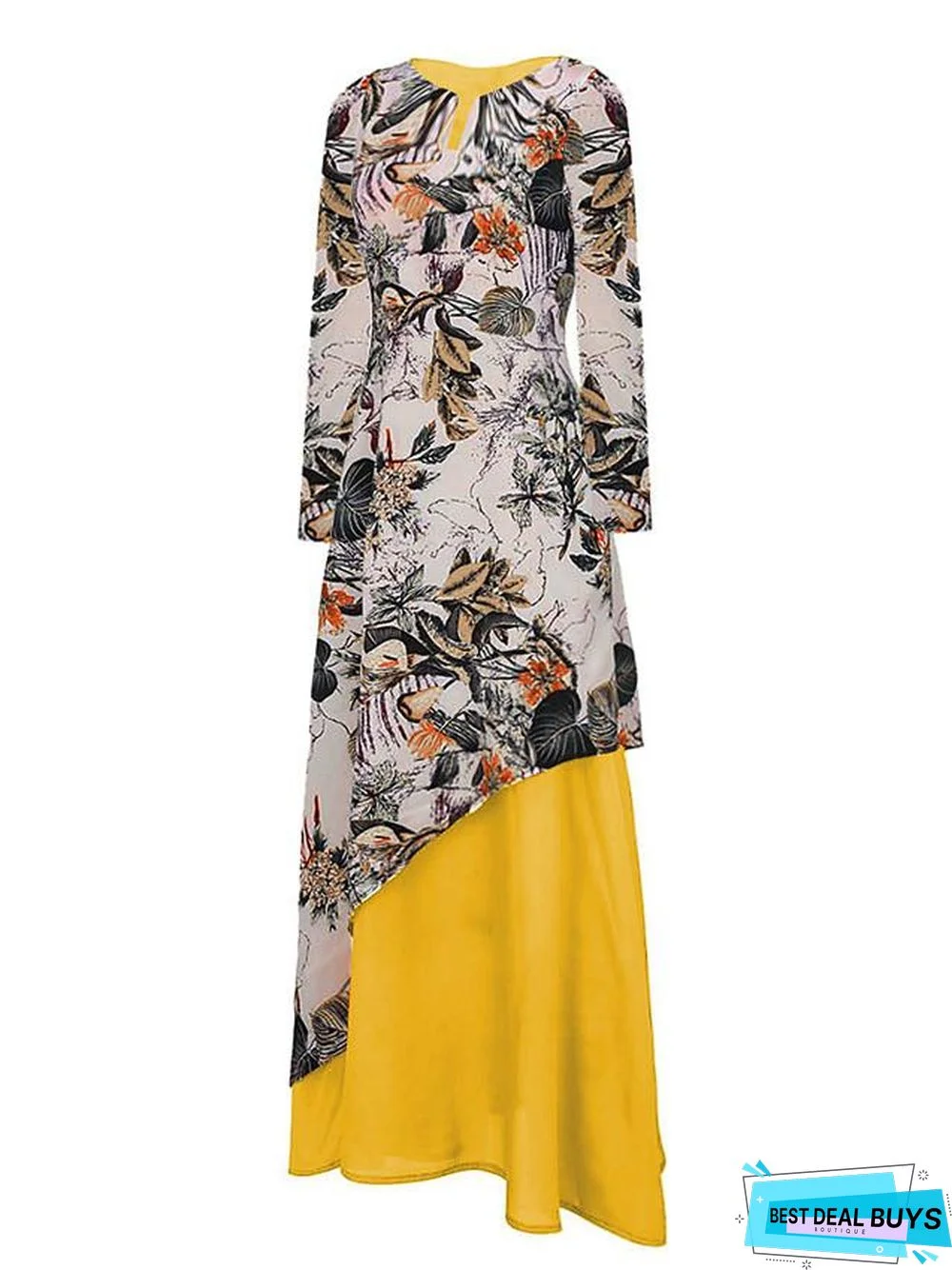 Women's Swing Dress Maxi Long Dress Long Sleeve Color Block V Neck Plus Size Hot White Yellow