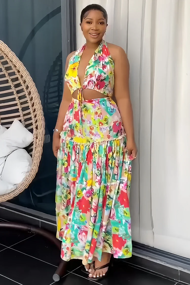 V Neck Halter Top Floral Print Maxi Skirt Vacay 2pcs Set-Green [Pre Order]