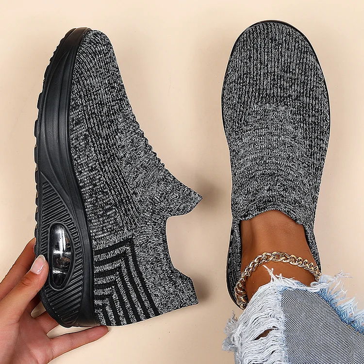 Ruched Color Block Knitted Round Toe Slip On Wedge Sneakers