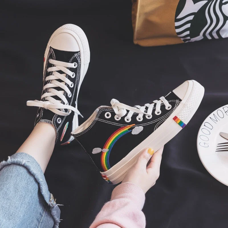 Women's Fashion 2021 Vulcanized Shoes Woman Sneakers New Rainbow Retro Canvas Shoes Flat Fashion Comfortable High Shoes Women