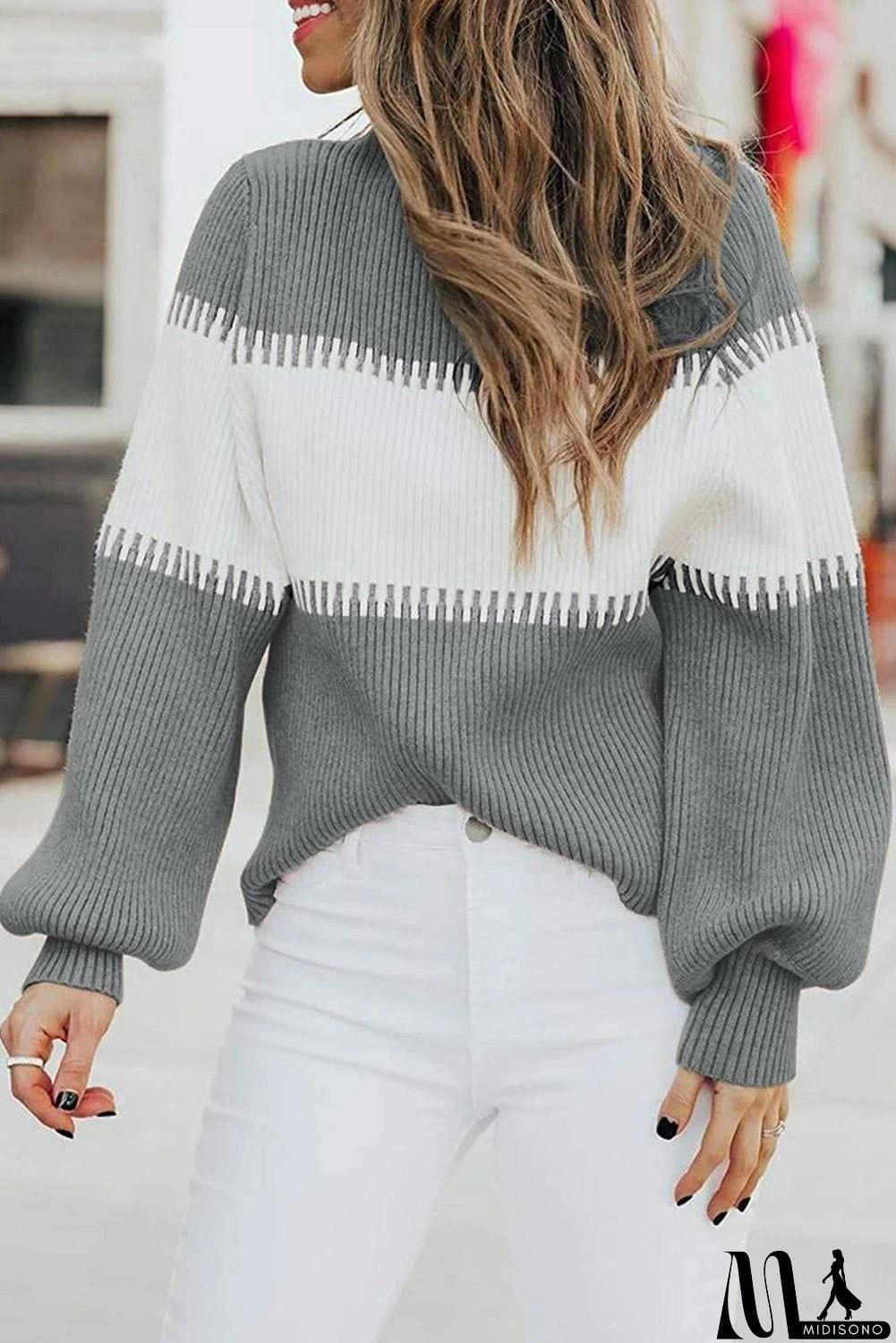 MidiSono - Color Block High Neck Pullover Sweater