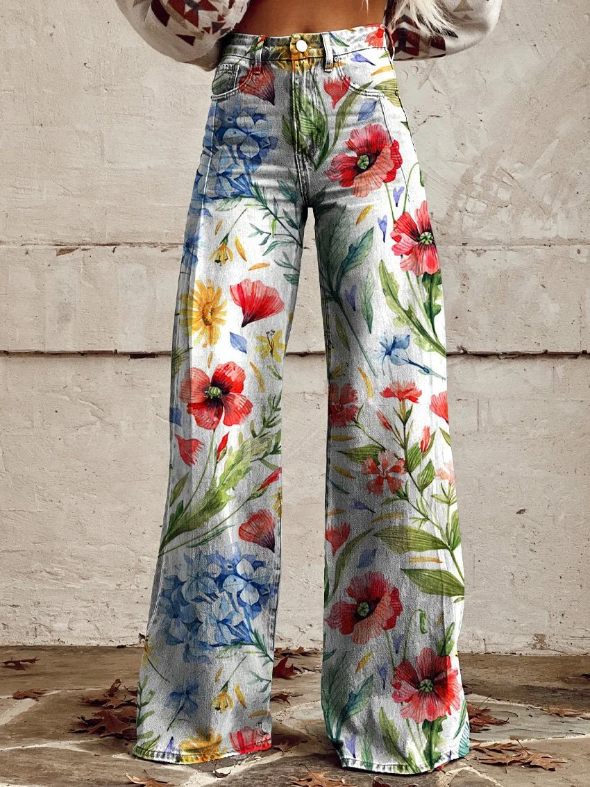 Summer Poppy And Mixed Floral Repeat Pattern Printed Casual Wide Leg Pants