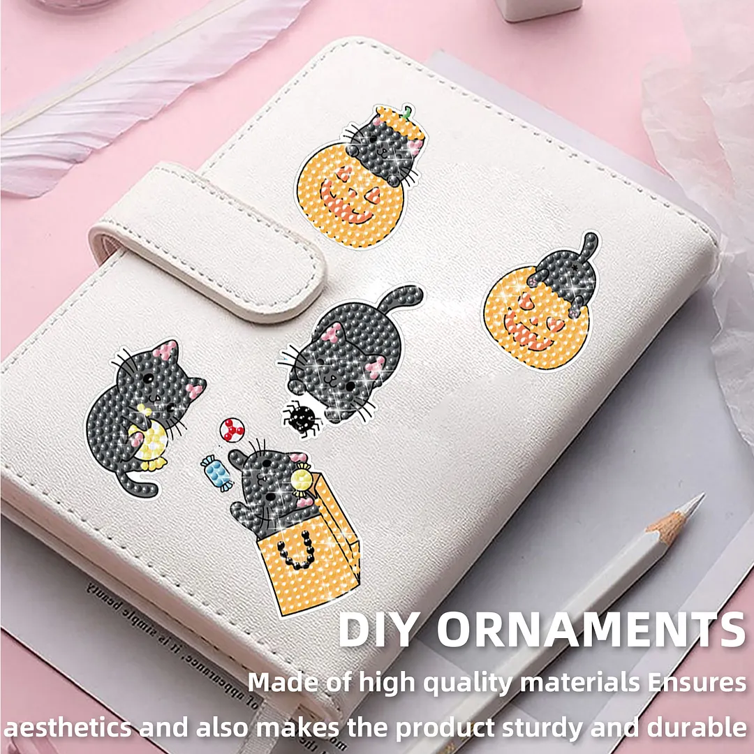 DIY Diamond Painting Sticker Diamond Art Stickers Arts and Crafts Decorative Diamond Stickers for Birthday Party Halloween Christmas Gifts (Kitten Pumpkin)