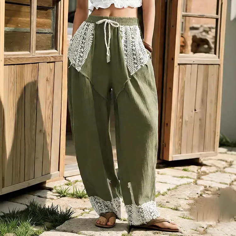 Women's Retro Lace Patchwork Casual Wide-leg Pants