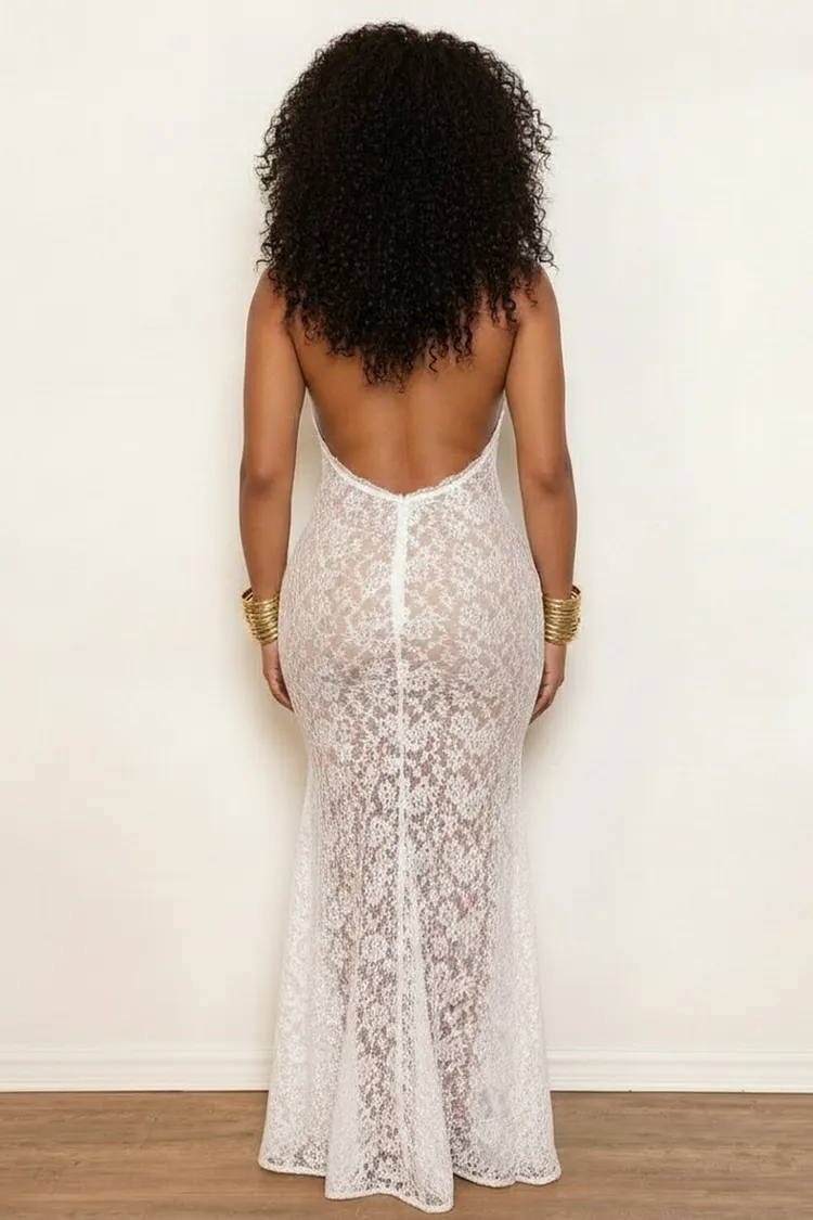 see through halter dress white Stylish Sexy Lace Halter See-Through Midi Dress Likemychoice