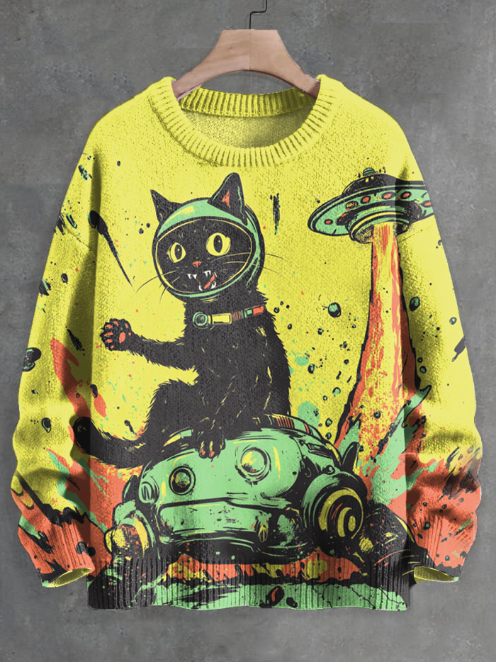 Men's Helmeted Black Cats And UFO Print Knit Sweatshirt